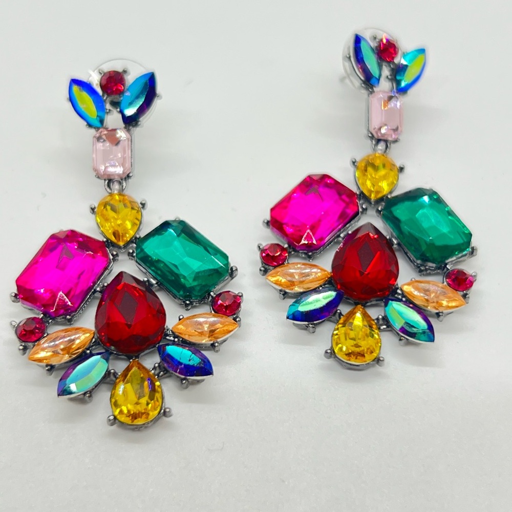 Eye Candy Molly Drop Earrings 2.5” Statement Glass Stones Alloy Metal Pu…